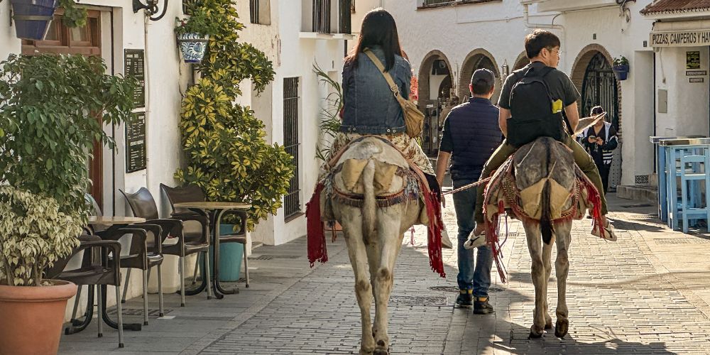 Tourists riding donkeys in Mijas village