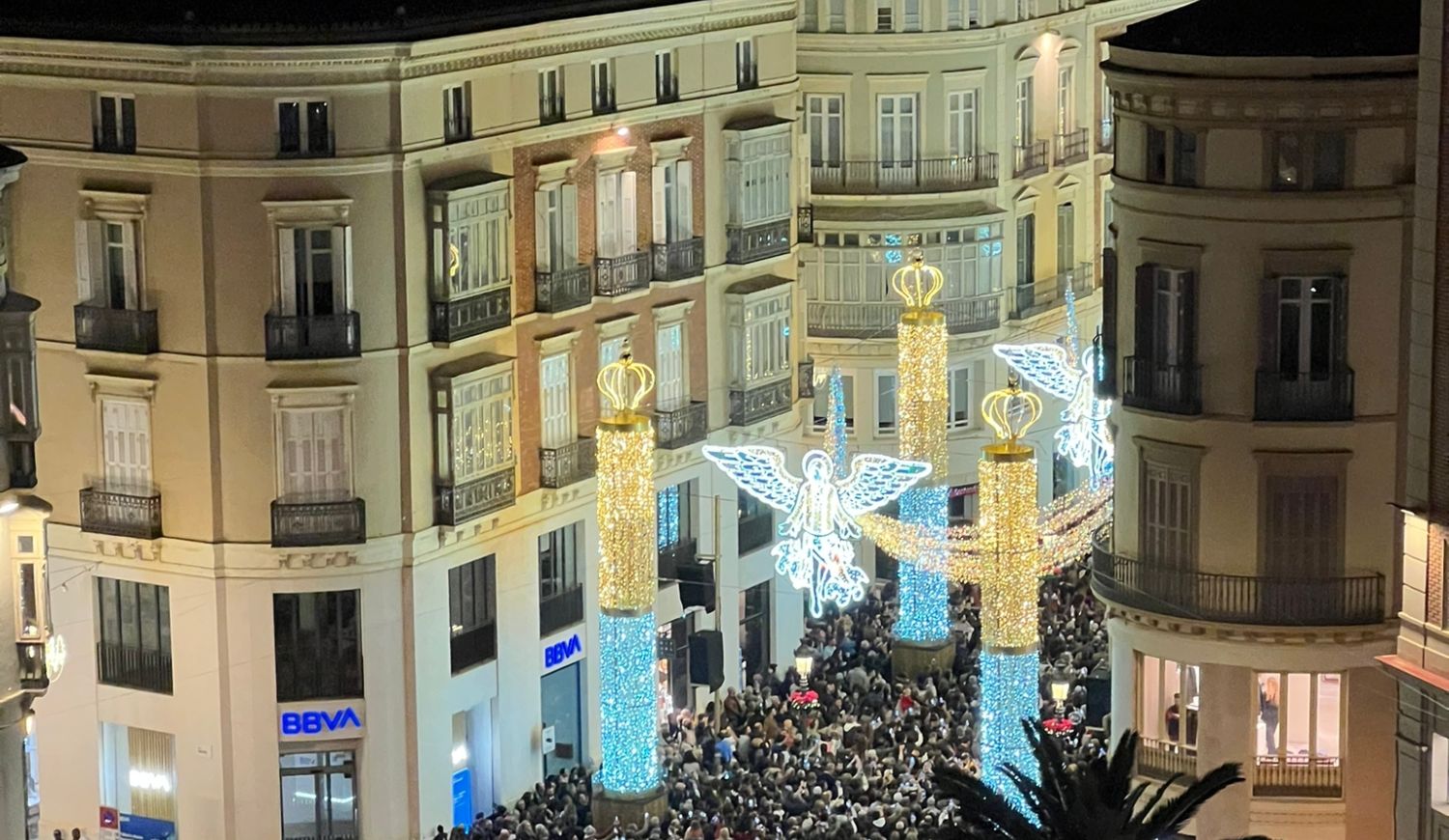 Christmas lights and crowds in Malaga