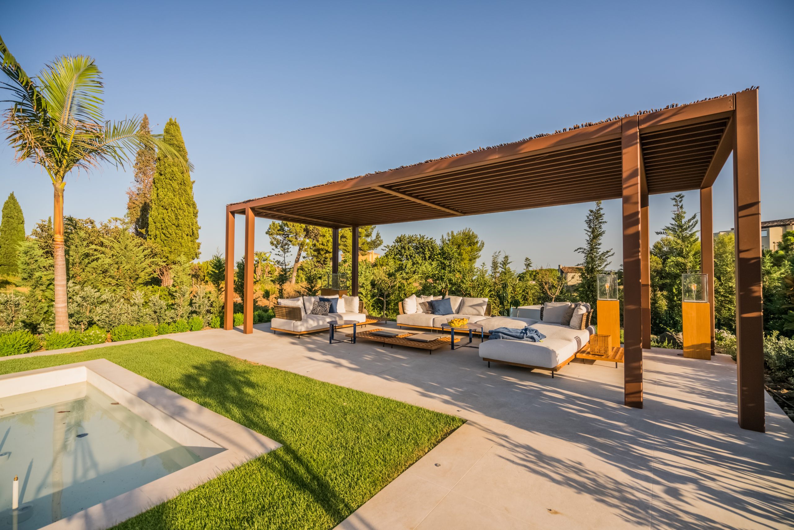 Villa Talaia Shaded Garden Pergola Seating Area